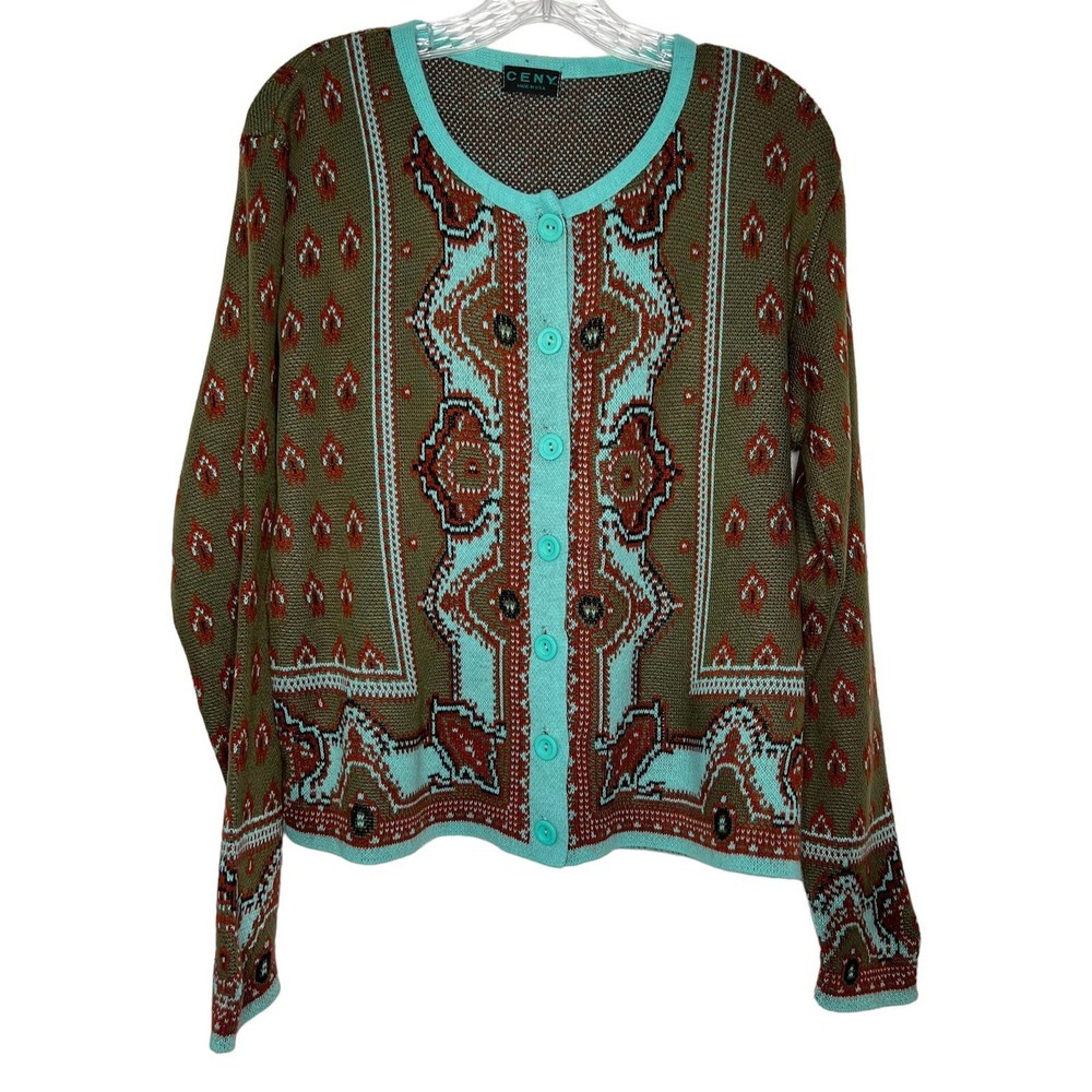 Ceny Women's Vintage Geometric Abstract Button Up Knit Cardigan Made USA Size M
